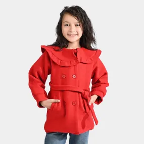 Girls Wool Woven Trench Coat-Red