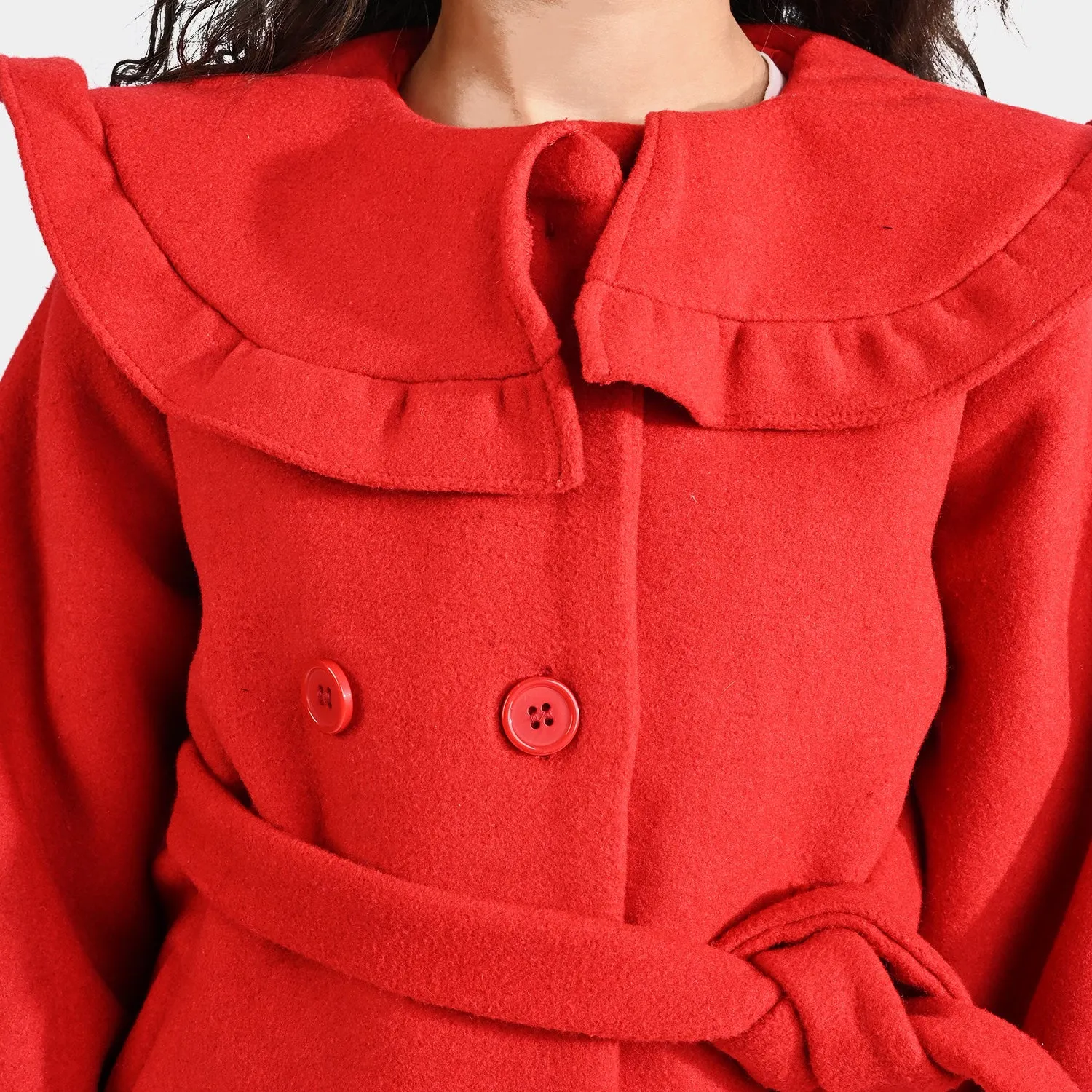 Girls Wool Woven Trench Coat-Red