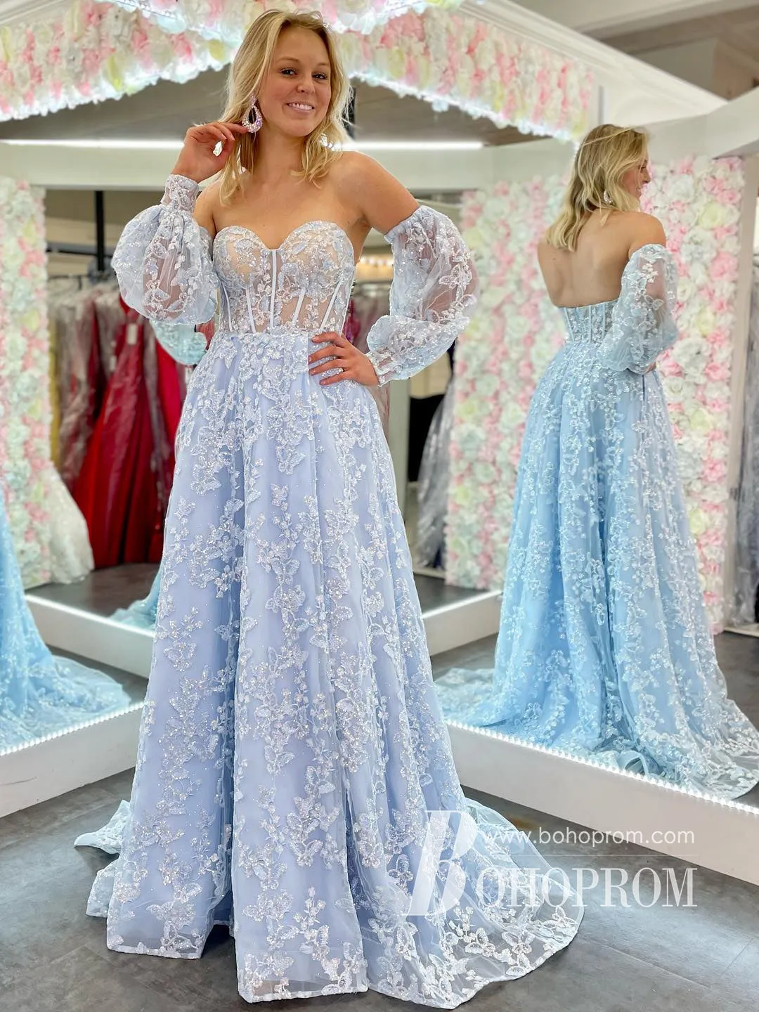 Gorgeous Sweetheart Neckline 3/4 Sleeves Appliqued Tulle Prom Dresses With Slit PD767