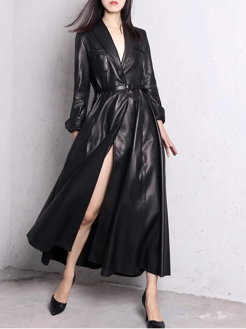 HOUDA Maxi Leather Trench Coat