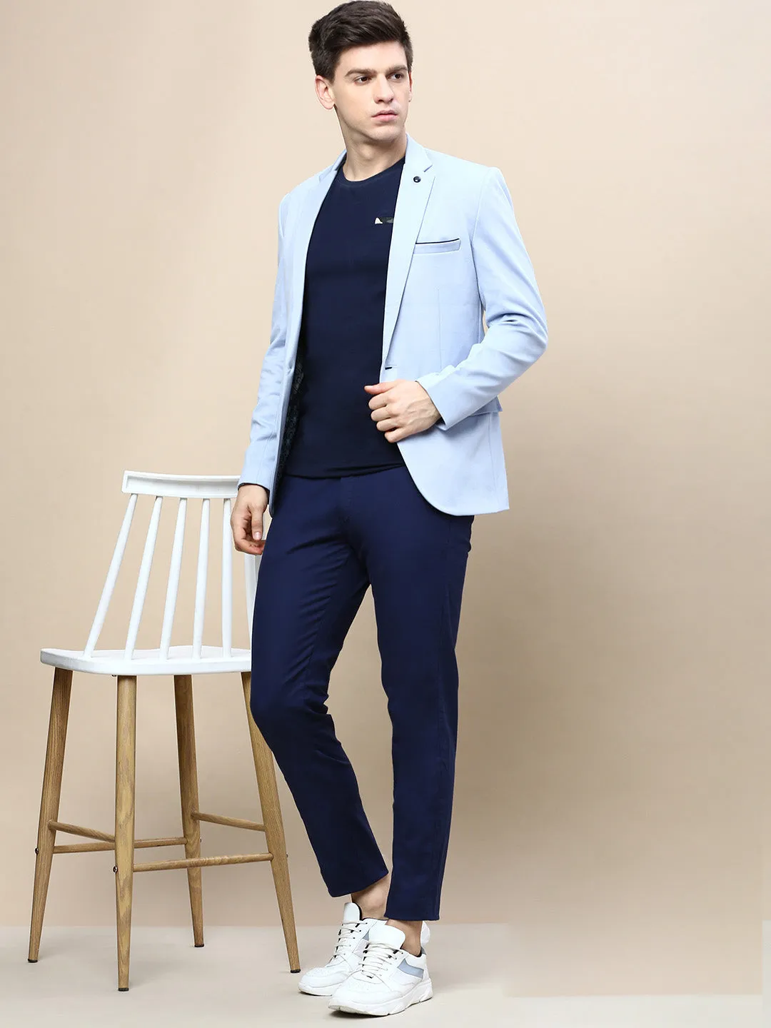 Men Blue Solid Casual Blazers