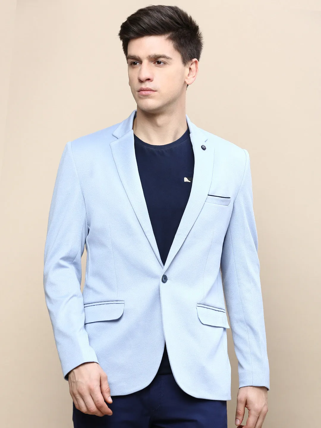 Men Blue Solid Casual Blazers