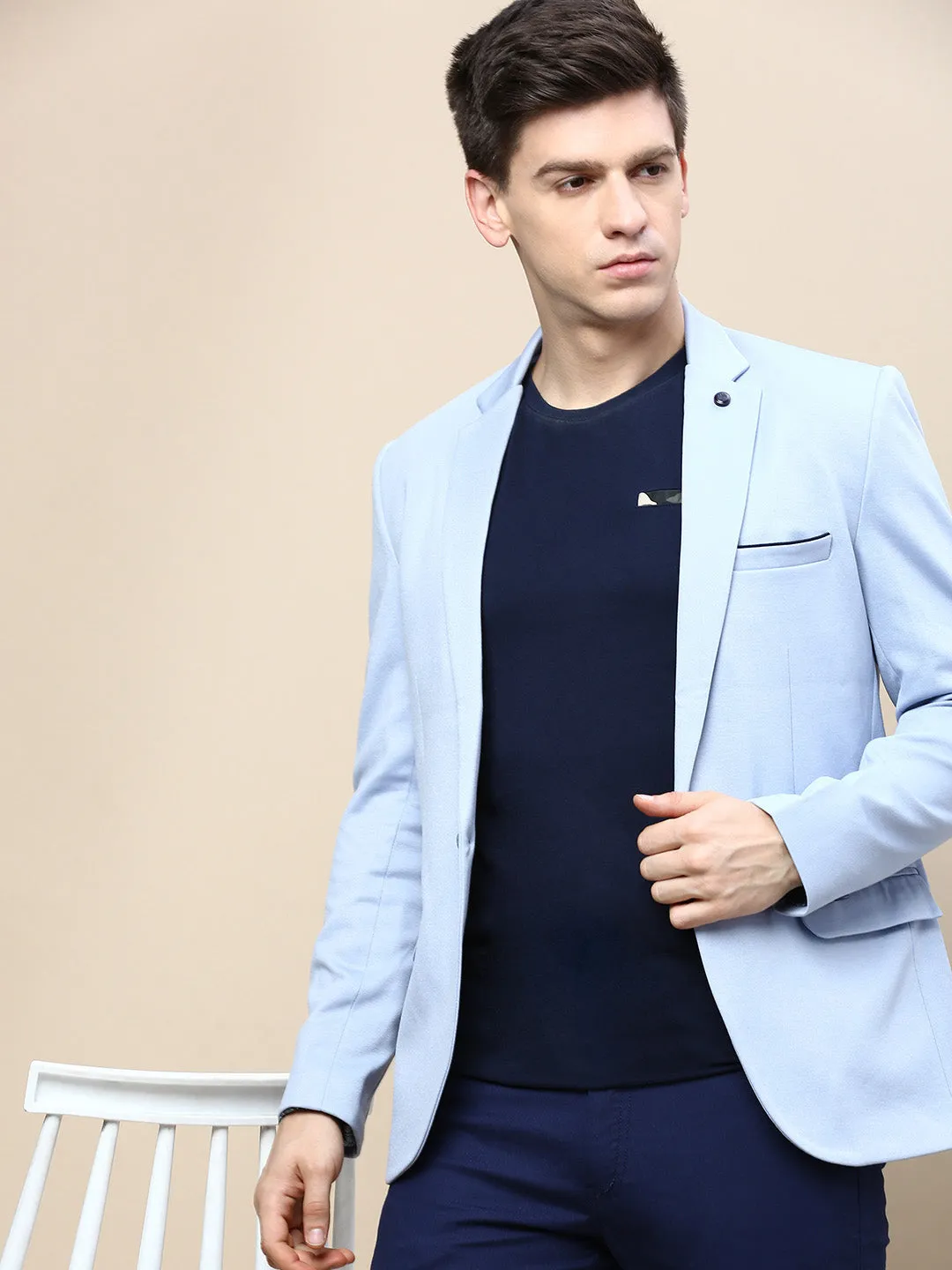 Men Blue Solid Casual Blazers