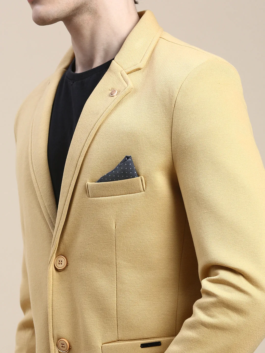 Men Yellow Solid Casual Blazers