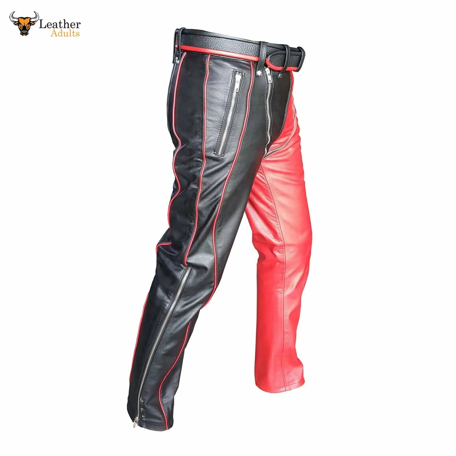 Mens Black and Red Leather Heavy Duty Bondage Pants New Style Jeans BLUF