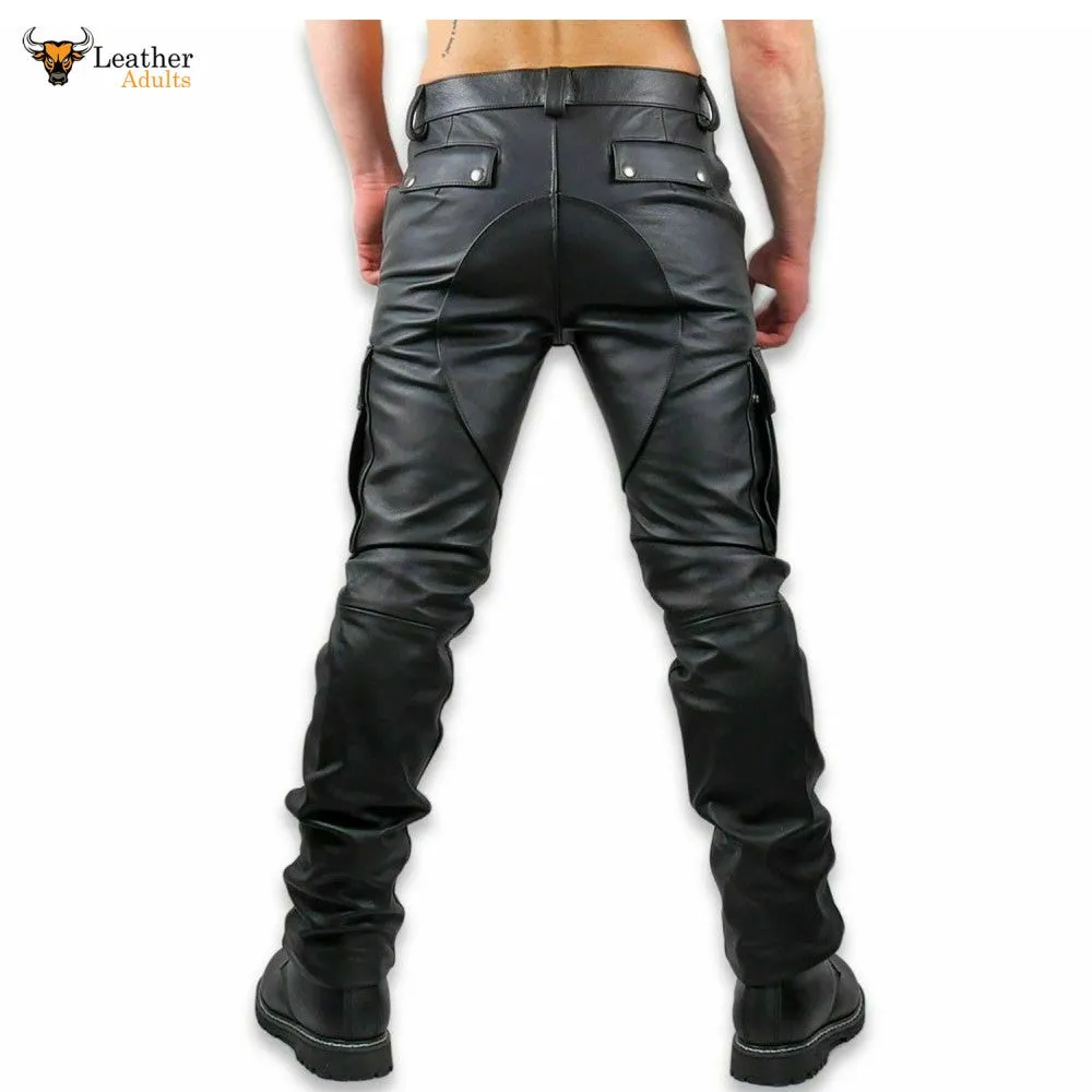 Mens Black Cowhide Soft and Plain Saddleback Cargo Leather Gay Pants Trousers