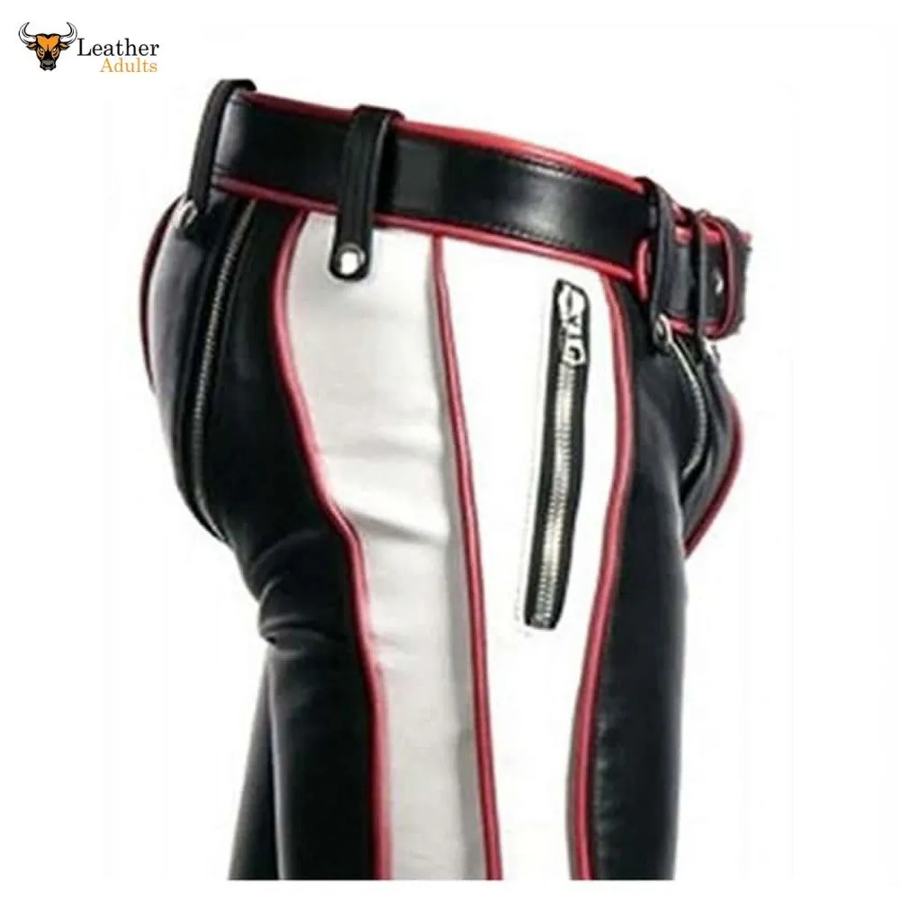 Mens Black Real Cowhide Leather Bondage Jeans Red and White Contrast BLUF Breeches