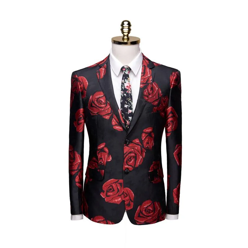 Men's Casual Slim Fit Blazer With Rose Print | Plus Size