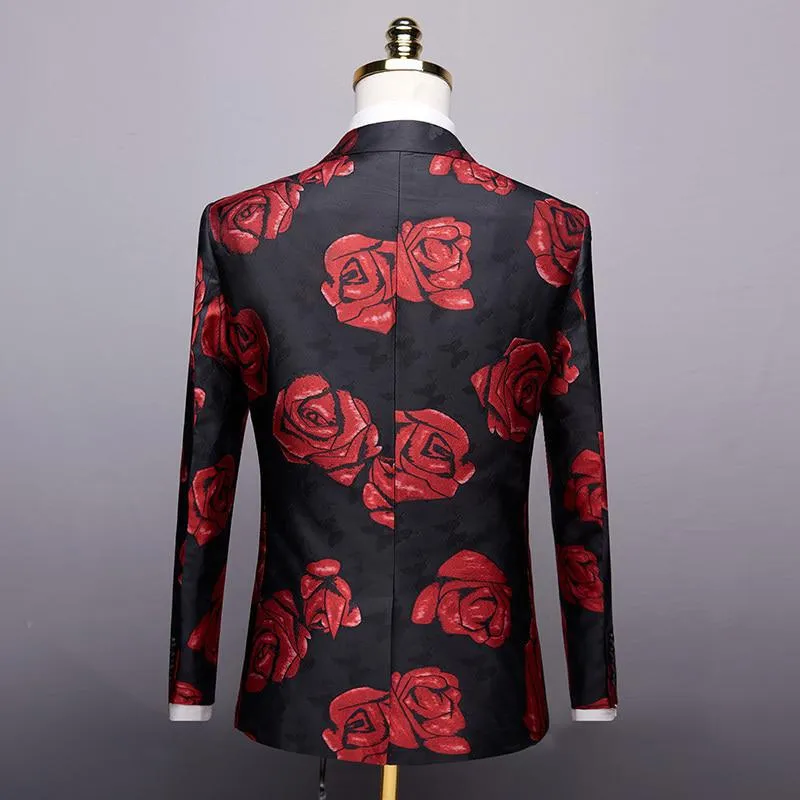 Men's Casual Slim Fit Blazer With Rose Print | Plus Size