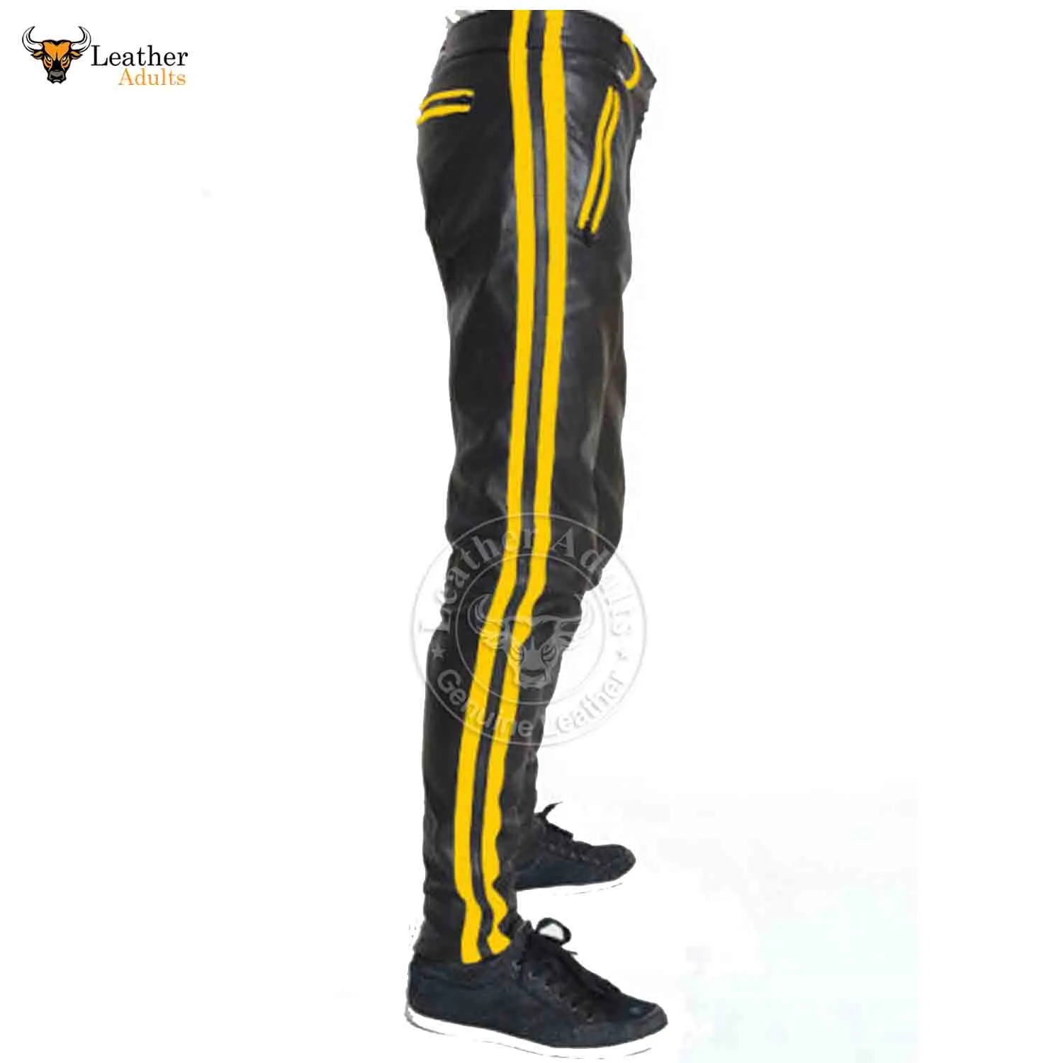 Mens Cowhide Leather Pants Cropped Biker Pants Yellow Stripe Leather Pants Clubwear Chino Trousers