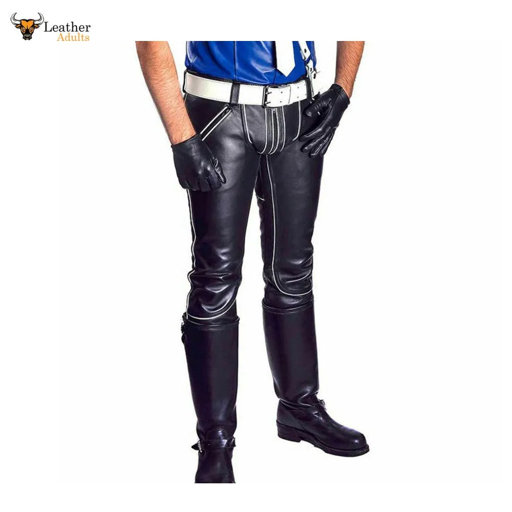 Men's Real Cow Leather GAY Pants Double Zip Trousers Motorbike Jeans Schwarz