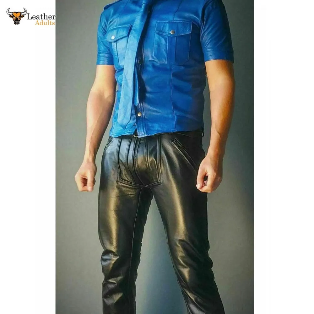 Mens Real Cowhide Leather Pants Double Zipped Jean Trousers BLUF Pants Bikers