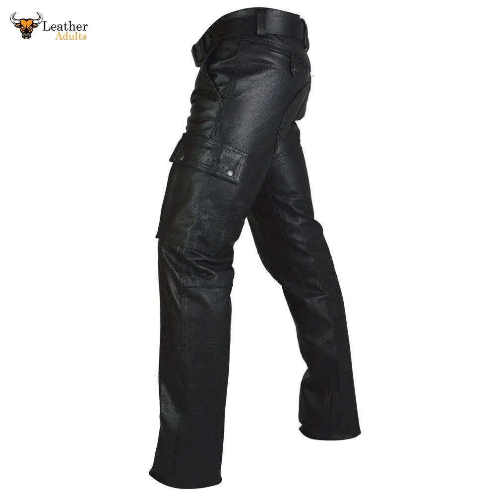 Men's Real Leather Pants Cargo Pockets Pants Bikers Leather Trousers