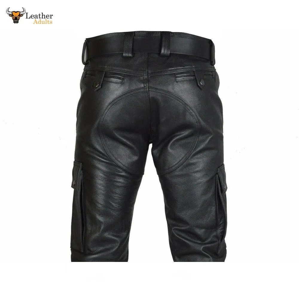 Men's Real Leather Pants Cargo Pockets Pants Bikers Leather Trousers