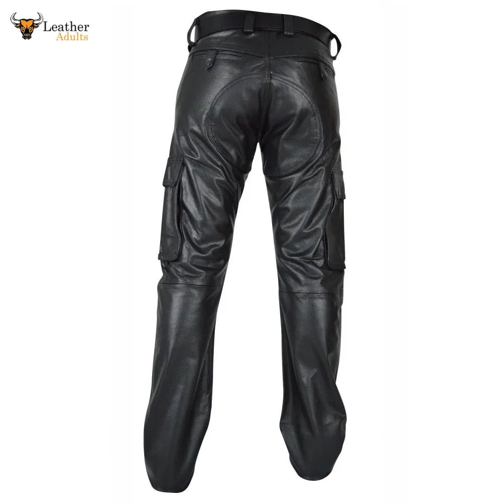 Men's Real Leather Pants Cargo Pockets Pants Bikers Leather Trousers