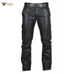 Men's Real Leather Pants Cargo Pockets Pants Bikers Leather Trousers