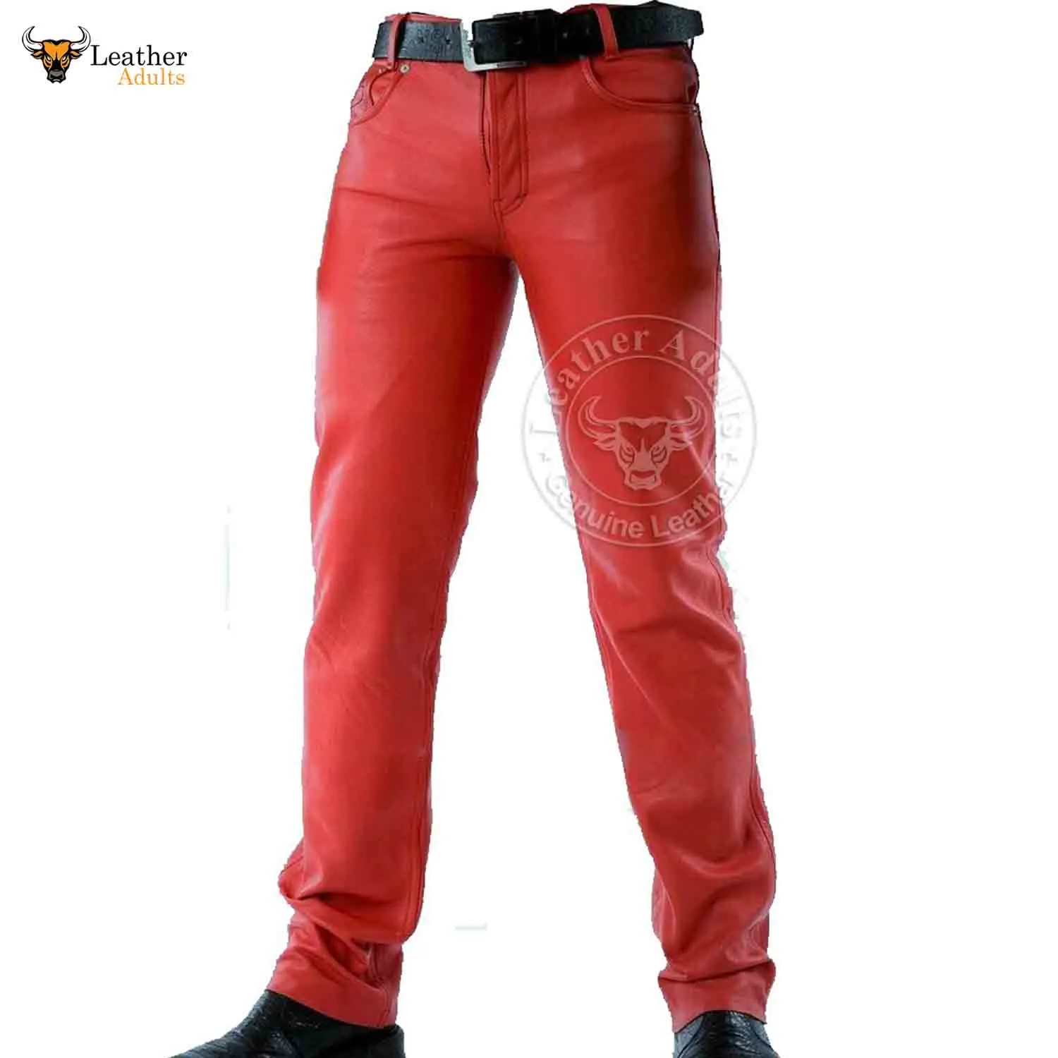 Mens Red Cowhide Leather Sleek and Sexy 501 Style Jeans BLUF Pants Bikers Trousers