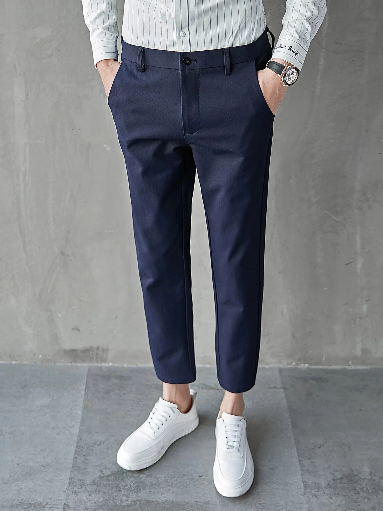 Navy Blue Zipper Fly Slant Pocket Tailored Trousers