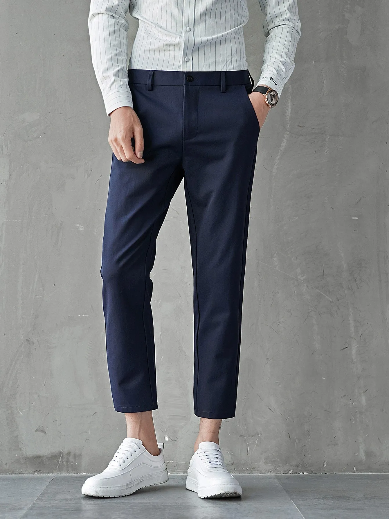 Navy Blue Zipper Fly Slant Pocket Tailored Trousers