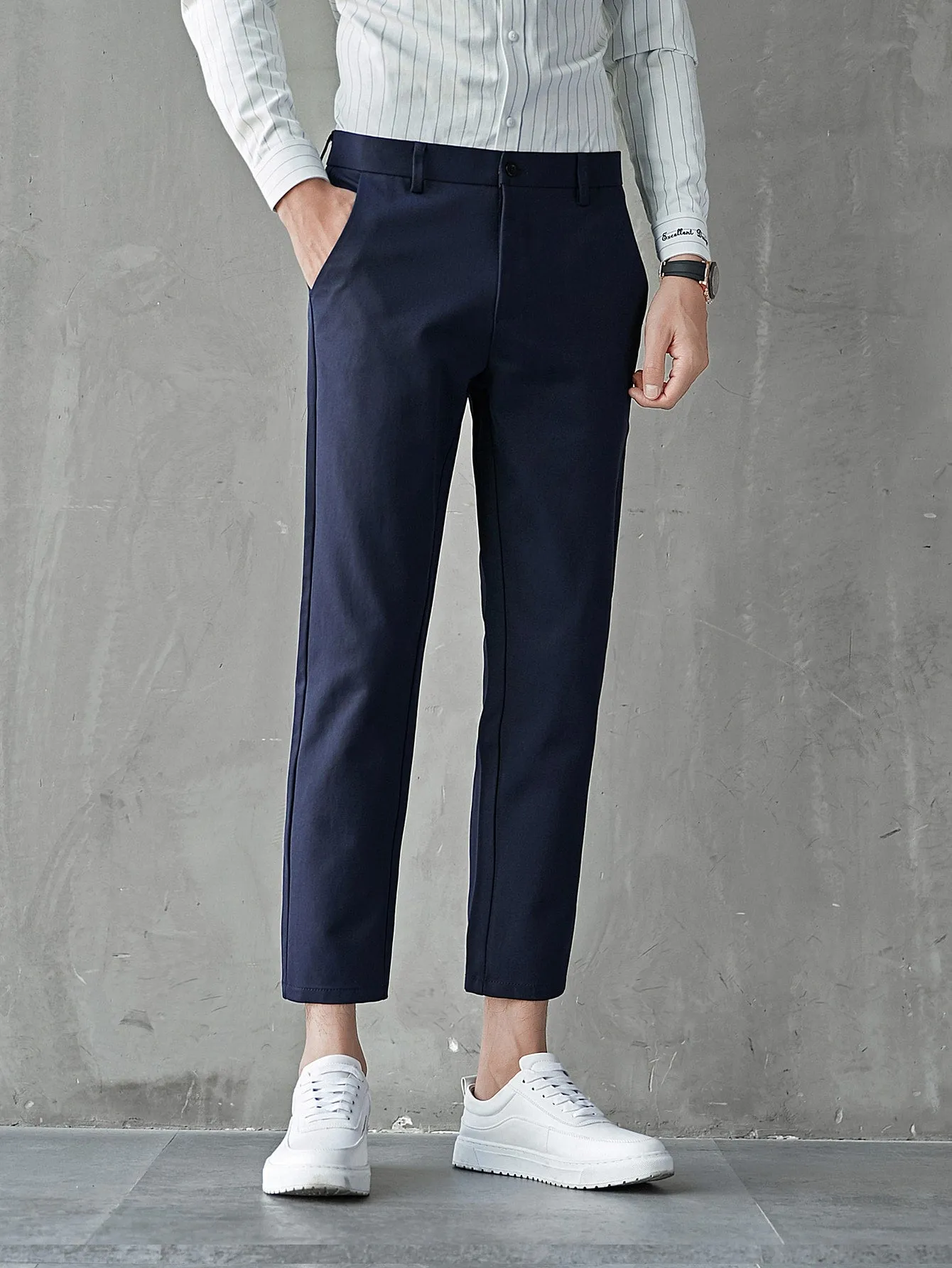 Navy Blue Zipper Fly Slant Pocket Tailored Trousers