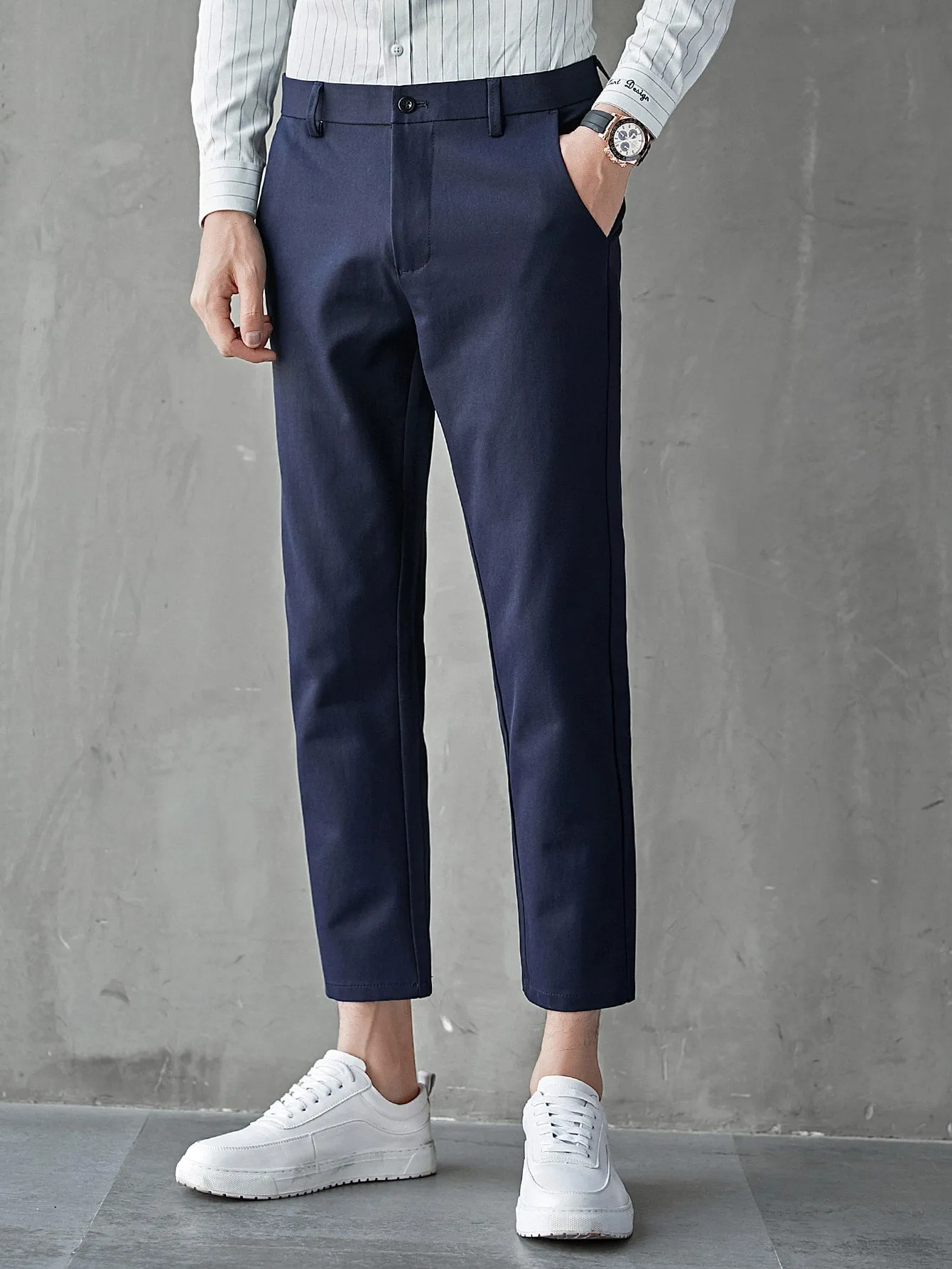 Navy Blue Zipper Fly Slant Pocket Tailored Trousers