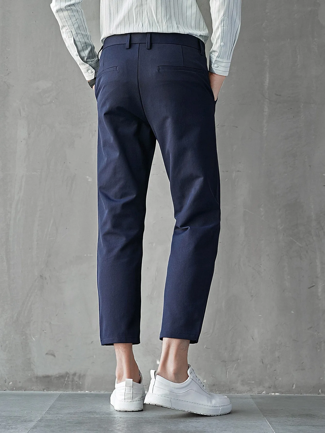 Navy Blue Zipper Fly Slant Pocket Tailored Trousers