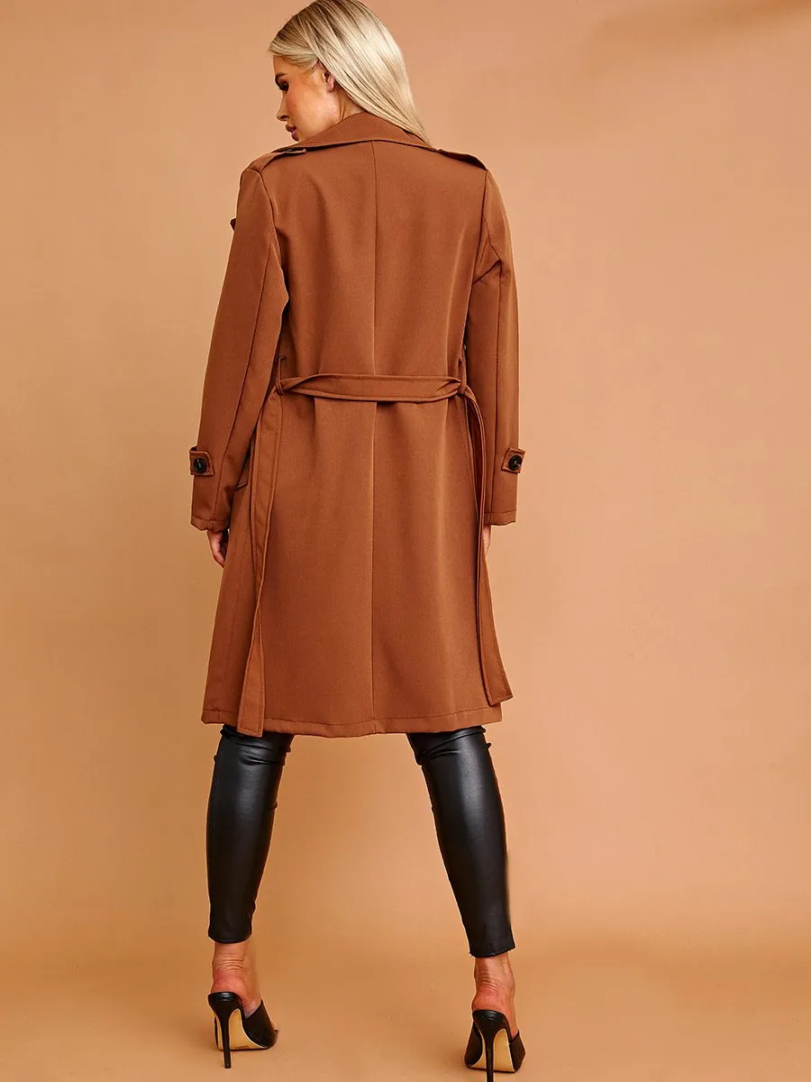 Nikitta Panel Detail Belted Trench Coat In Camel