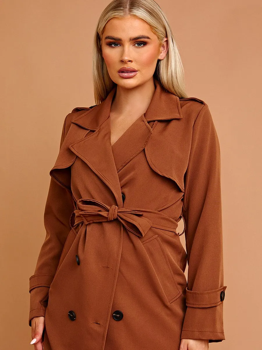 Nikitta Panel Detail Belted Trench Coat In Camel