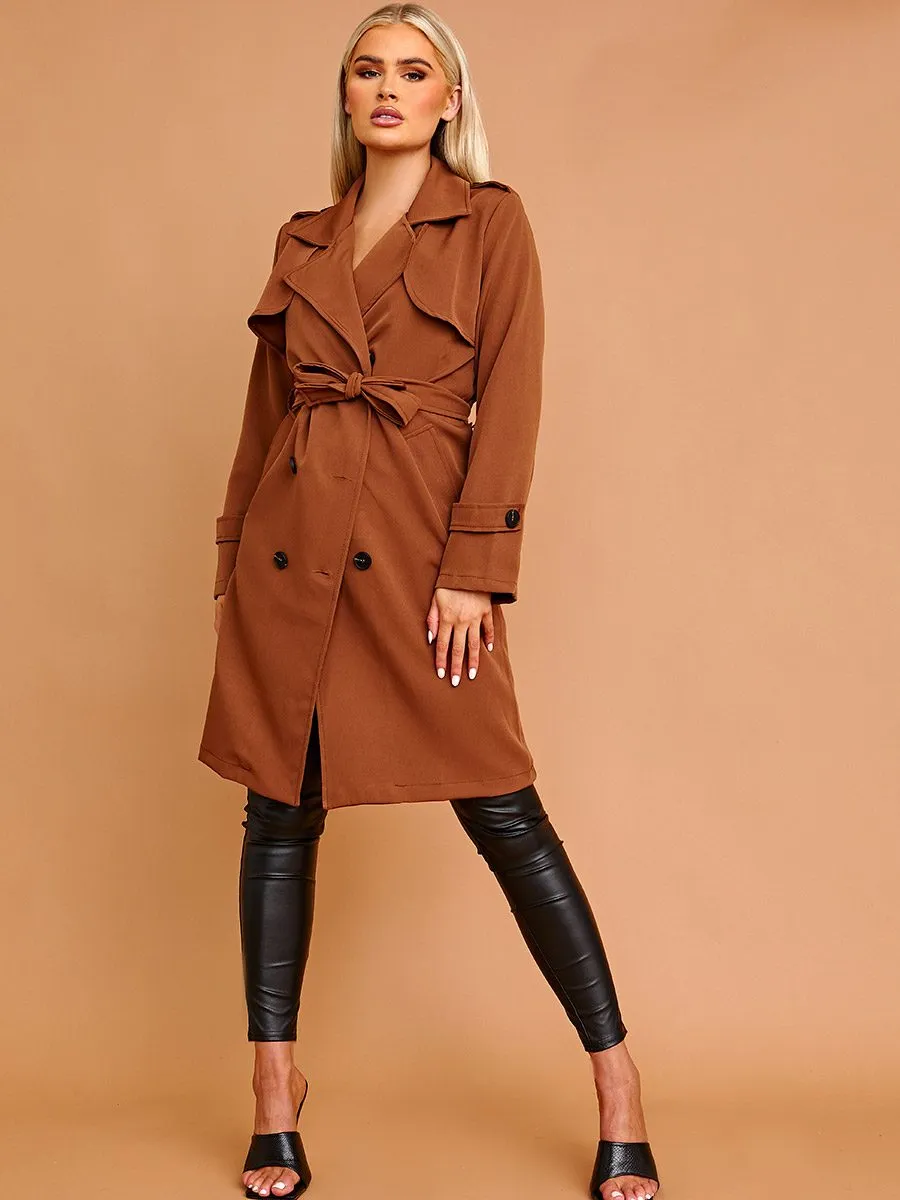 Nikitta Panel Detail Belted Trench Coat In Camel