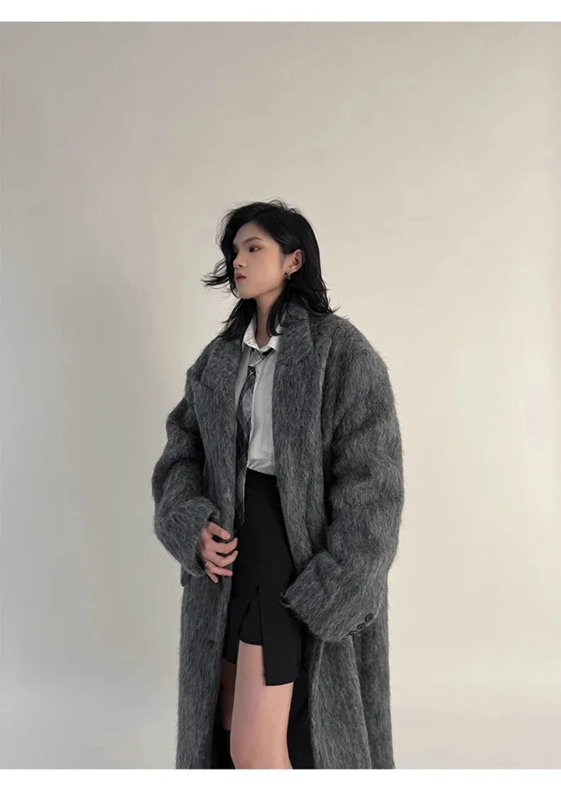 Oversized Extra Long Casual Warm Grey Woolen Fluffy Coat