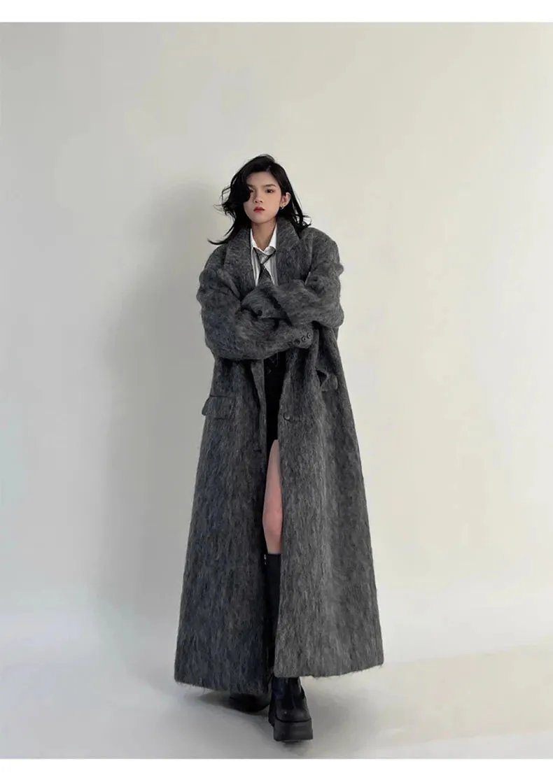 Oversized Extra Long Casual Warm Grey Woolen Fluffy Coat