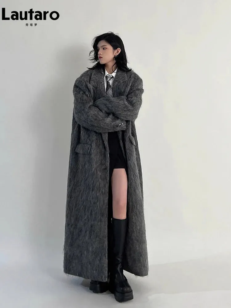 Oversized Extra Long Casual Warm Grey Woolen Fluffy Coat