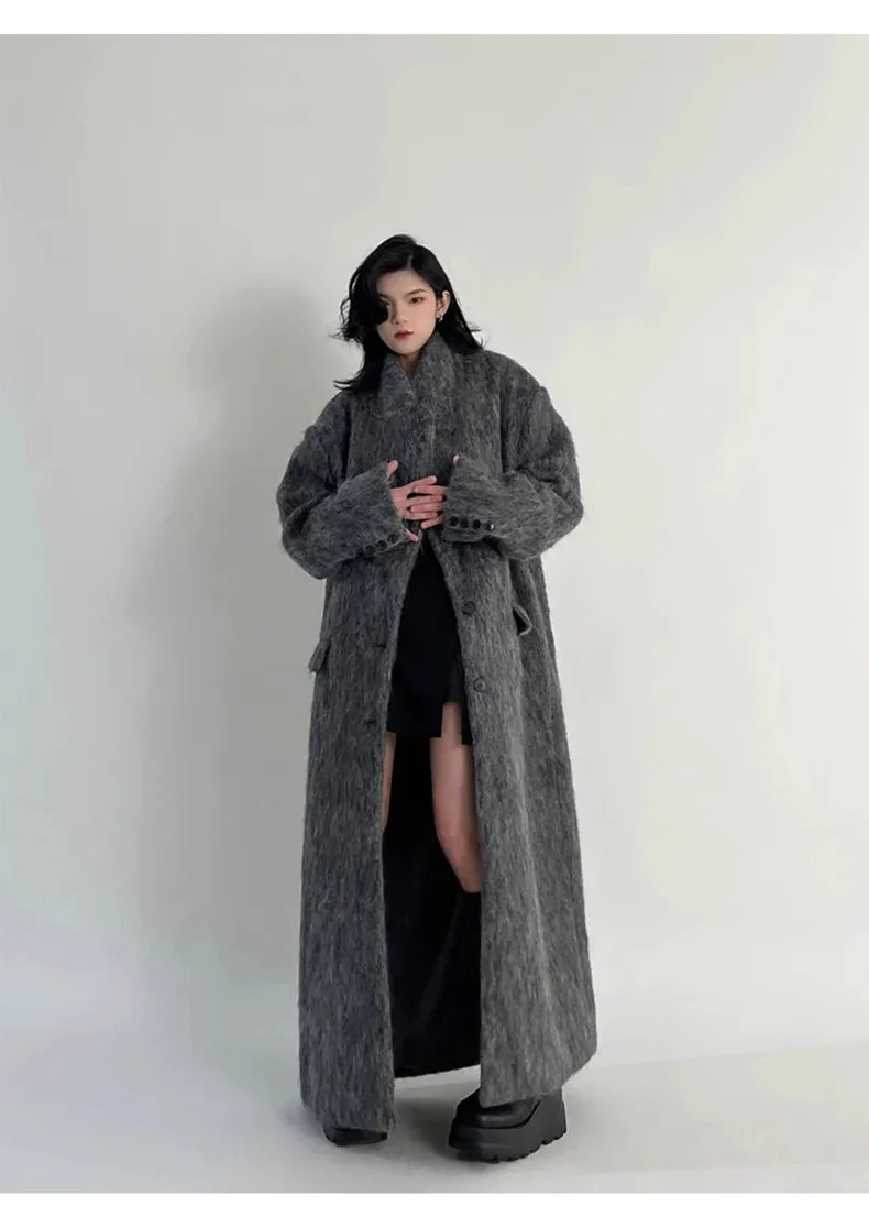 Oversized Extra Long Casual Warm Grey Woolen Fluffy Coat