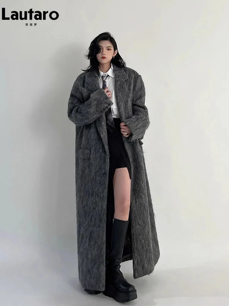 Oversized Extra Long Casual Warm Grey Woolen Fluffy Coat