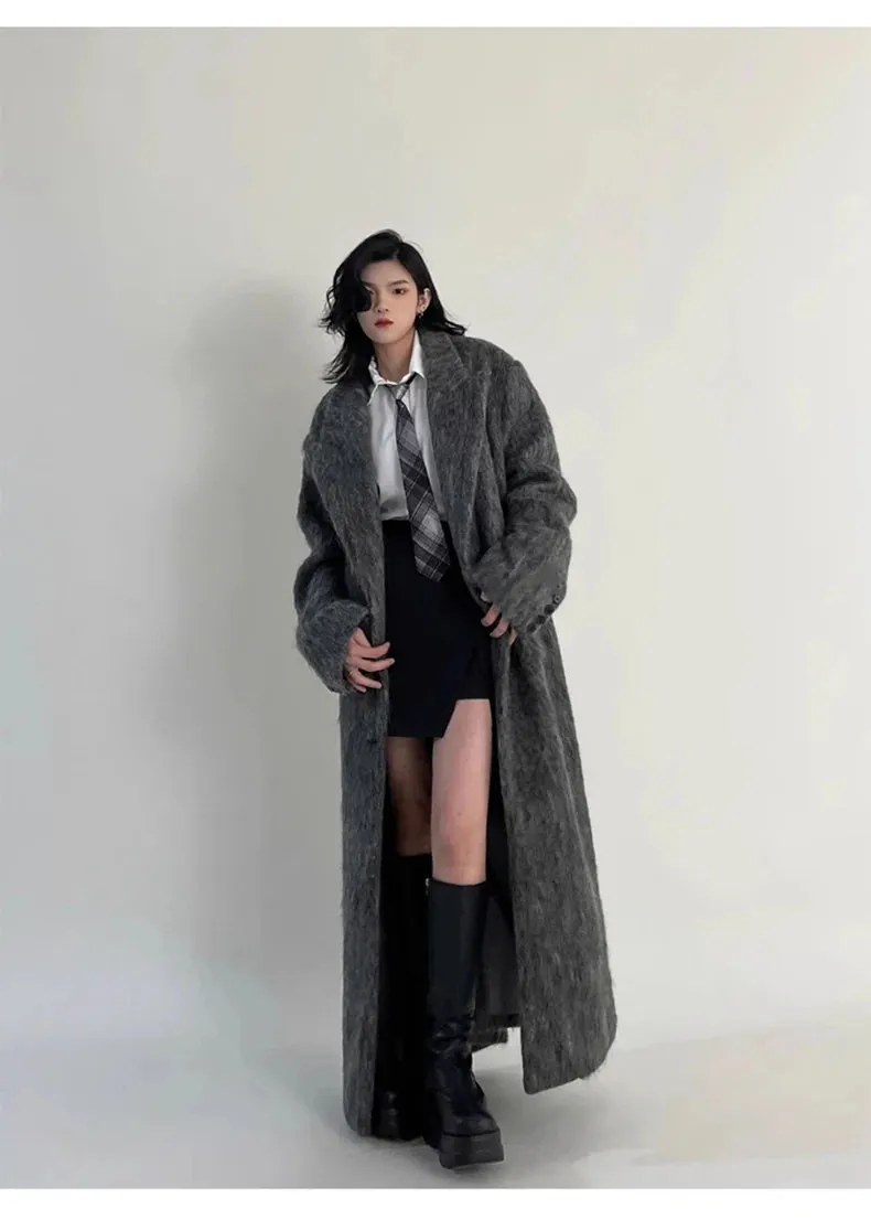 Oversized Extra Long Casual Warm Grey Woolen Fluffy Coat