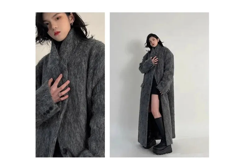 Oversized Extra Long Casual Warm Grey Woolen Fluffy Coat