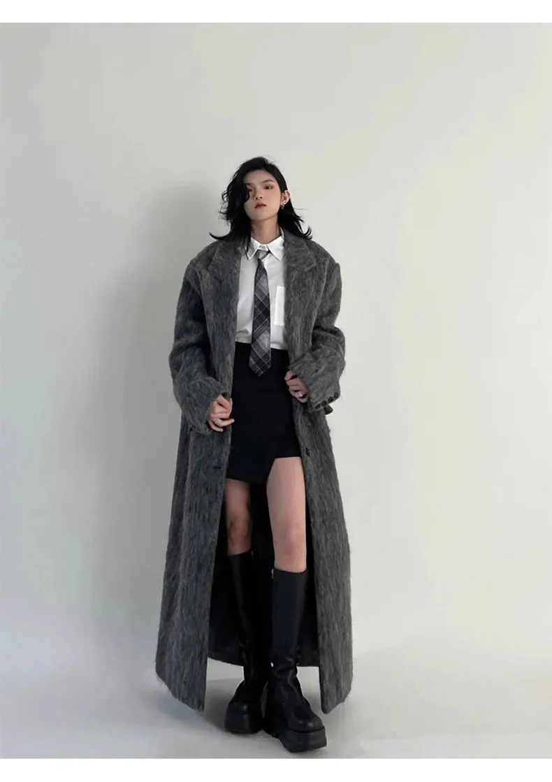 Oversized Extra Long Casual Warm Grey Woolen Fluffy Coat