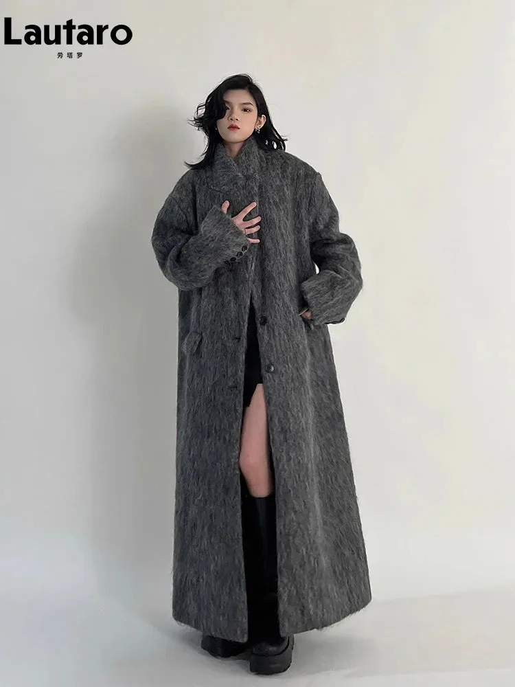 Oversized Extra Long Casual Warm Grey Woolen Fluffy Coat