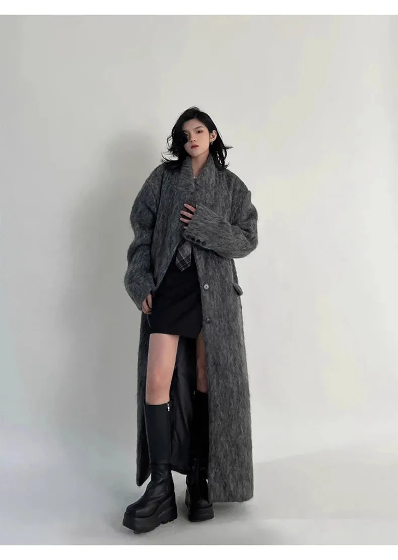 Oversized Extra Long Casual Warm Grey Woolen Fluffy Coat