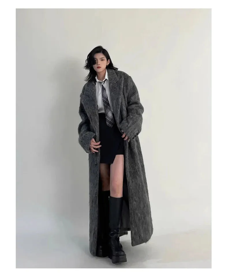 Oversized Extra Long Casual Warm Grey Woolen Fluffy Coat