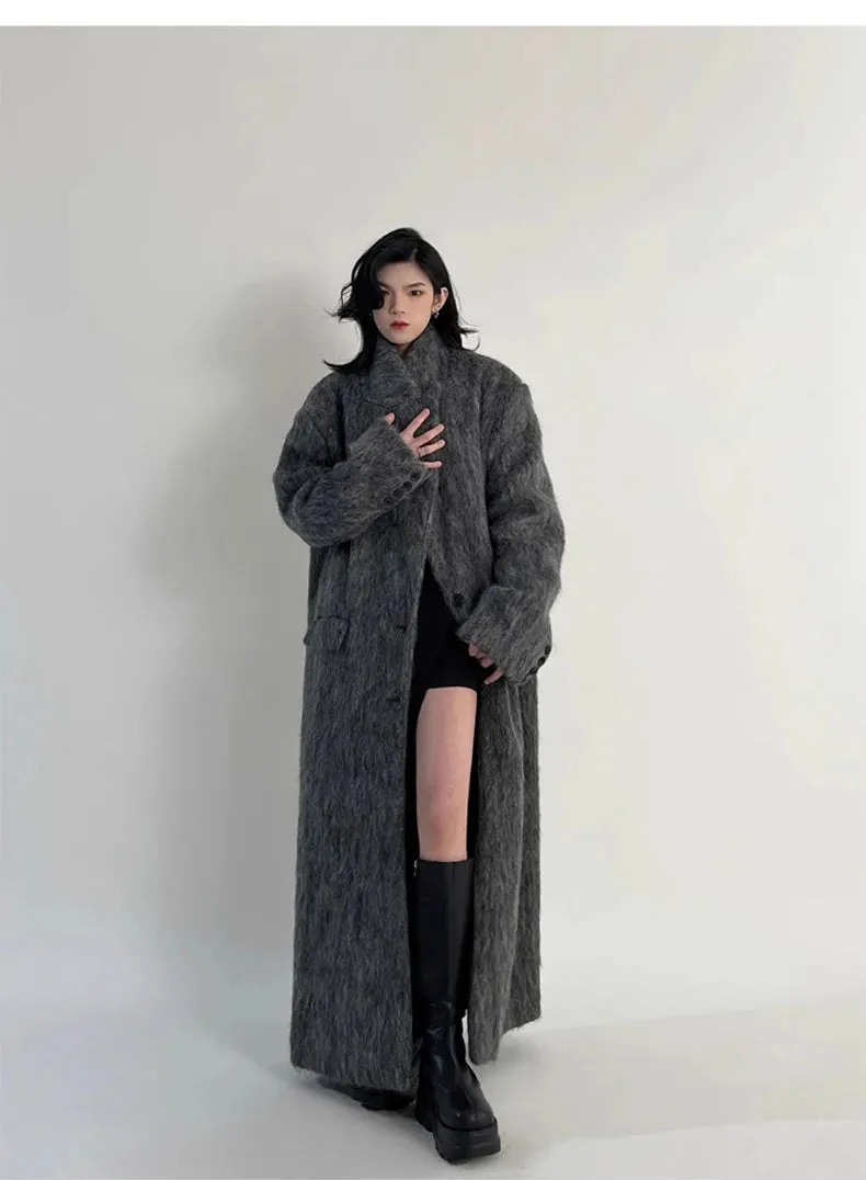 Oversized Extra Long Casual Warm Grey Woolen Fluffy Coat