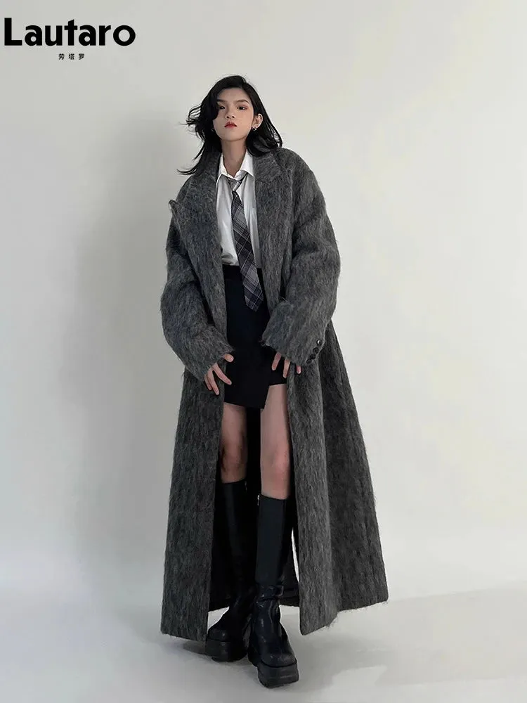 Oversized Extra Long Casual Warm Grey Woolen Fluffy Coat