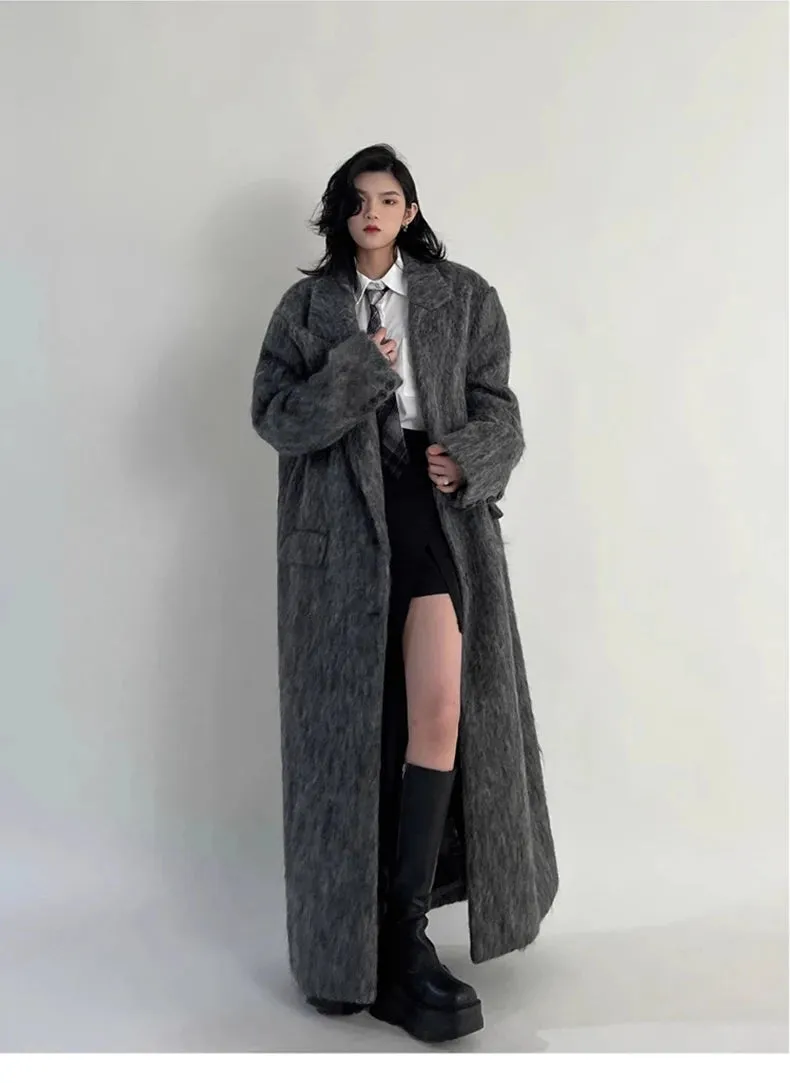 Oversized Extra Long Casual Warm Grey Woolen Fluffy Coat