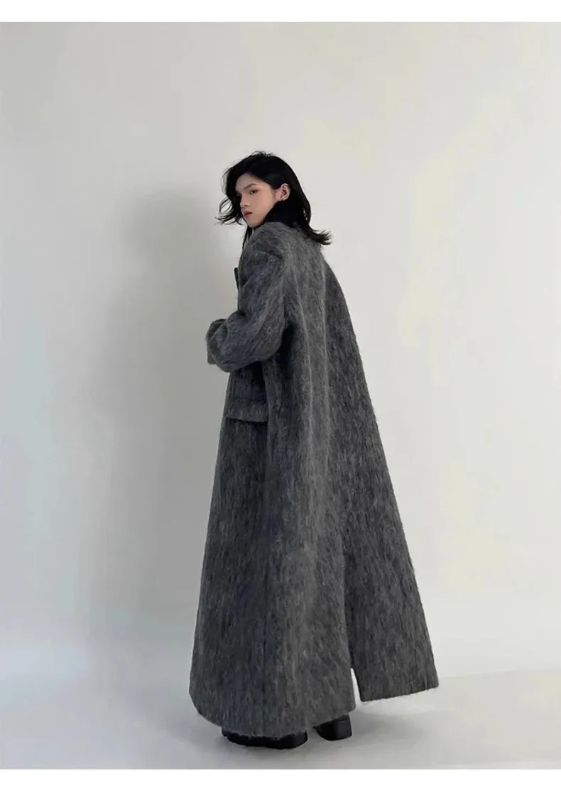 Oversized Extra Long Casual Warm Grey Woolen Fluffy Coat