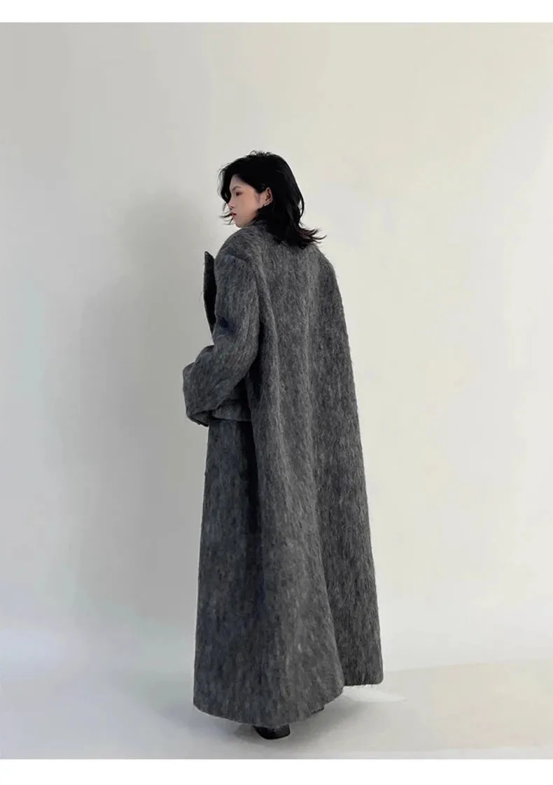 Oversized Extra Long Casual Warm Grey Woolen Fluffy Coat