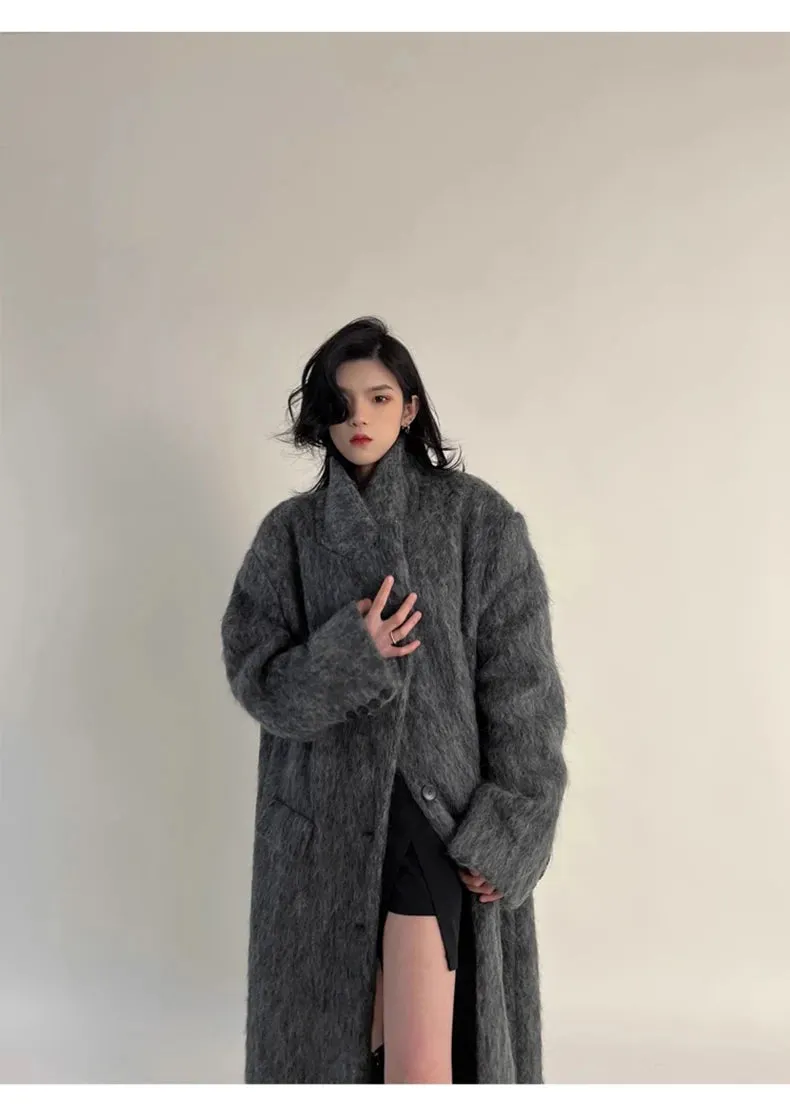 Oversized Extra Long Casual Warm Grey Woolen Fluffy Coat