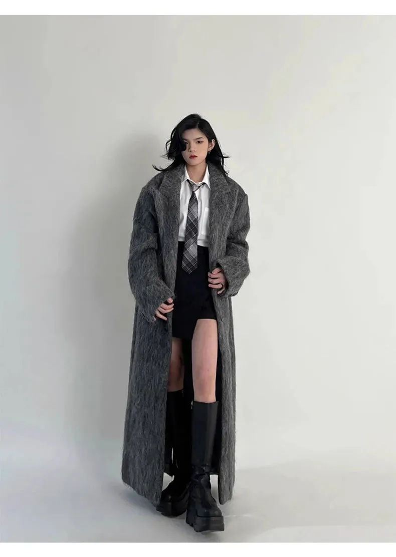 Oversized Extra Long Casual Warm Grey Woolen Fluffy Coat