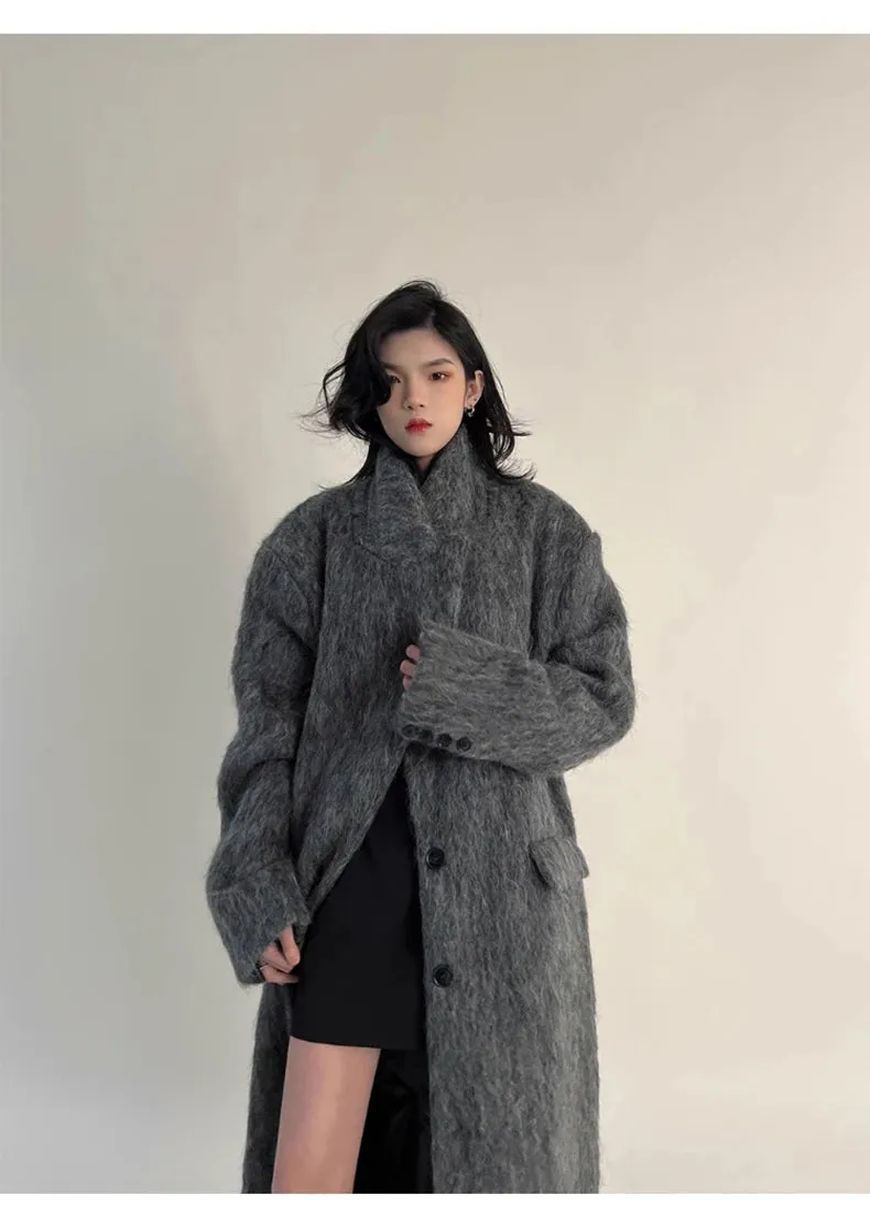 Oversized Extra Long Casual Warm Grey Woolen Fluffy Coat