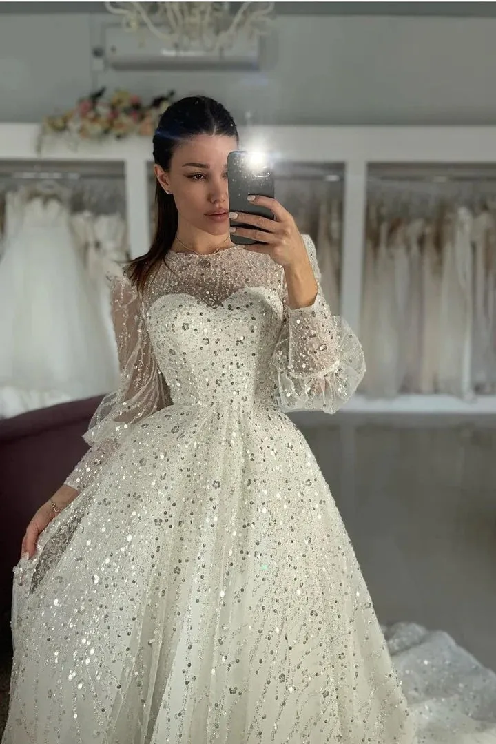 Princess A Line Sequined Long Sleeves Wedding Dresses Bridal Dresses OK1701