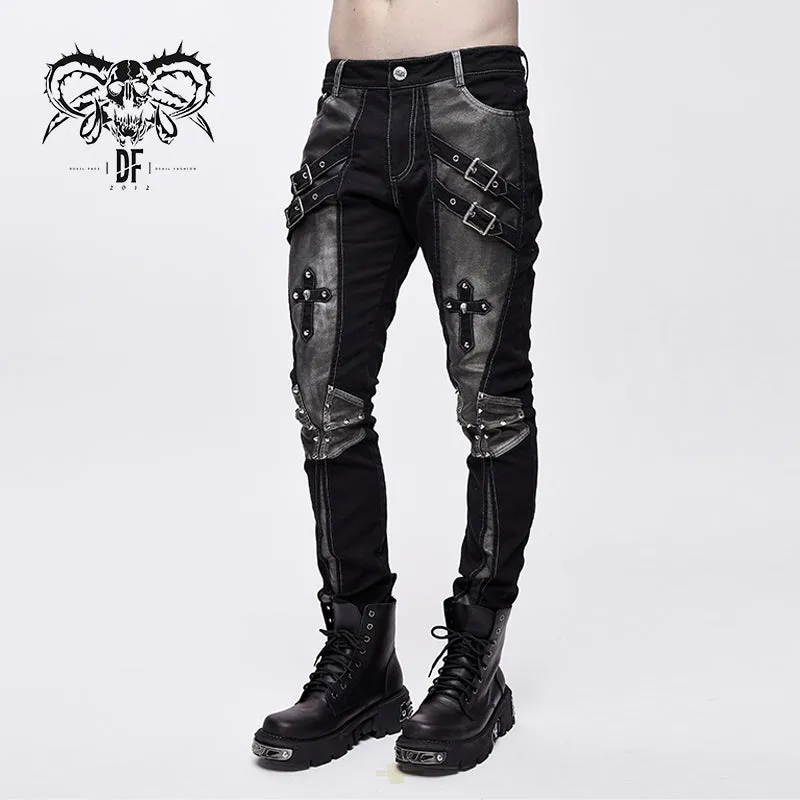 PT10401 designer punk contrast color hand rubbed leather men trousers with loops